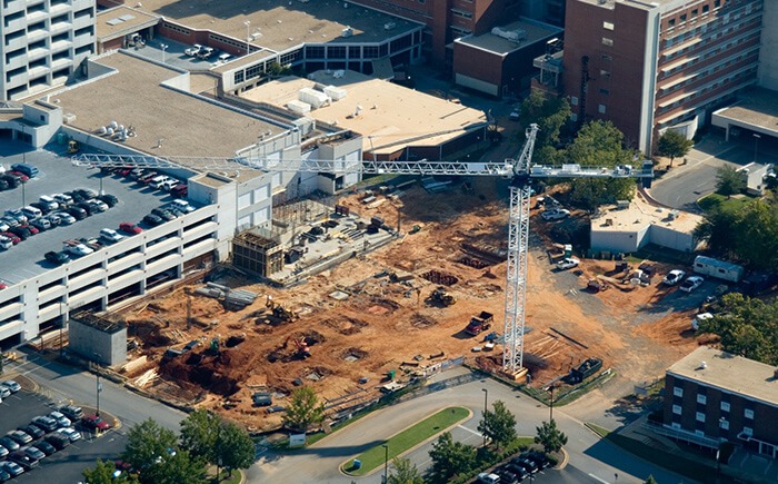 Aerial view of in-progress healthcare facilities design and construction