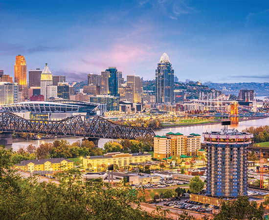 Cincinnati cityscape at night.