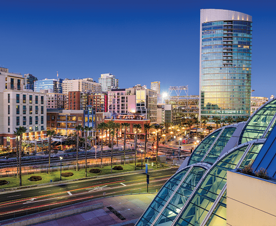 "San Diego cityscape in the evening.