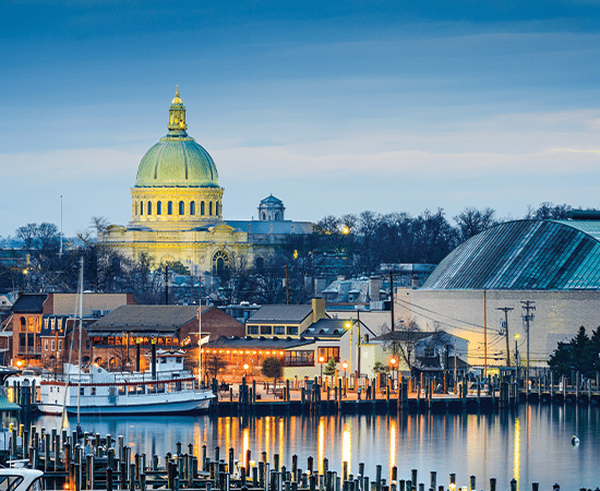 Annapolis waterfront at dusk. 