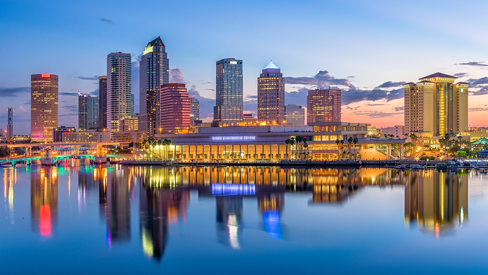 Tampa skyline with lights reflecting on water